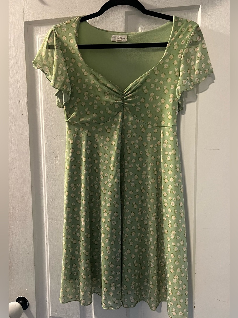 See You Monday  Green Floral Short Sleeve dress with mesh overlay